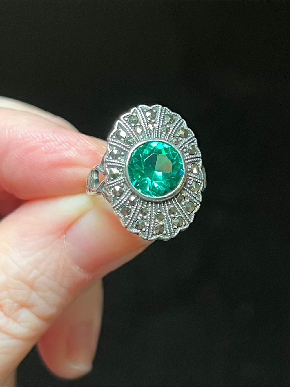 Antique Art Deco Uncas Emerald Green Paste Glass Marcasite Sterling Silver Ring